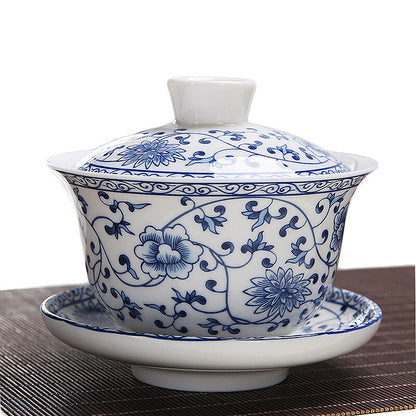 4.72" Gaiwan Blue And White Porcelain Tureen Cup Bowl For Green Tea Saucer Lid