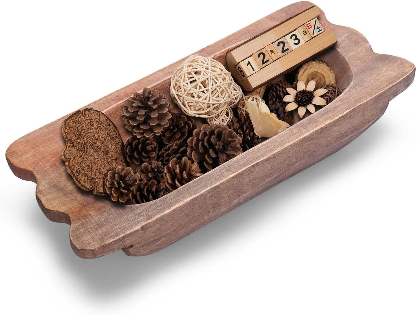 Hand Carved Wooden Dough Bowl Decor with Handles Natural Decorative Farmhouse
