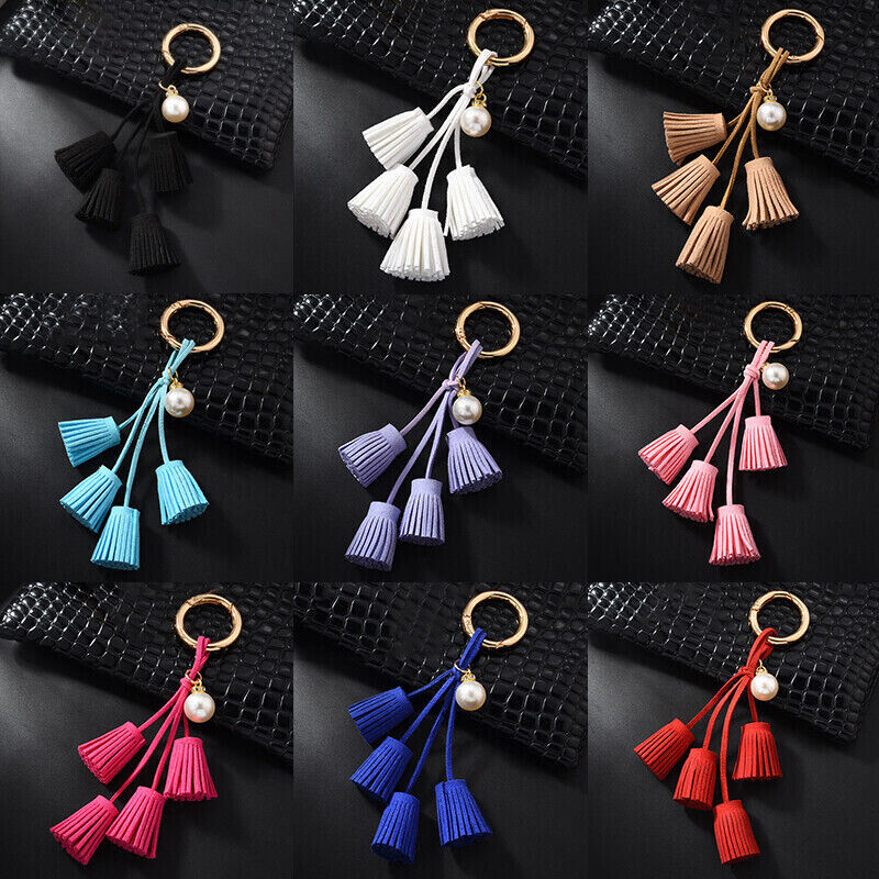 Women Leather Tassel Key Chain Charm Purse Key Fob Ring Handbag Pendant Ornament