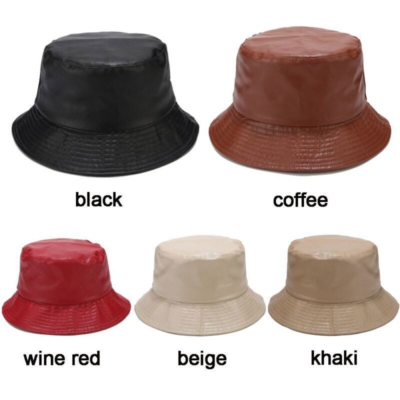 Men Outdoor Waterproof Hiking PU Bucket Hat Fisherman Cap Leather Sun Caps