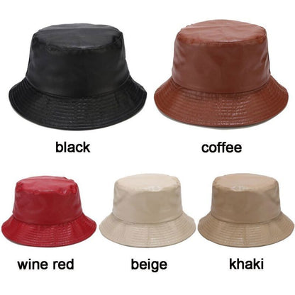 Men Outdoor Waterproof Hiking PU Bucket Hat Fisherman Cap Leather Sun Caps