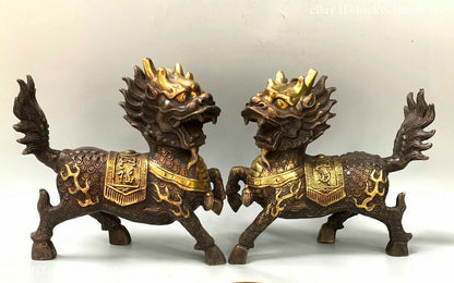 8”Folk China Copper Gilt Dynasty Palace Fengshui Kylin Chi-lin Qilin Statue Pair