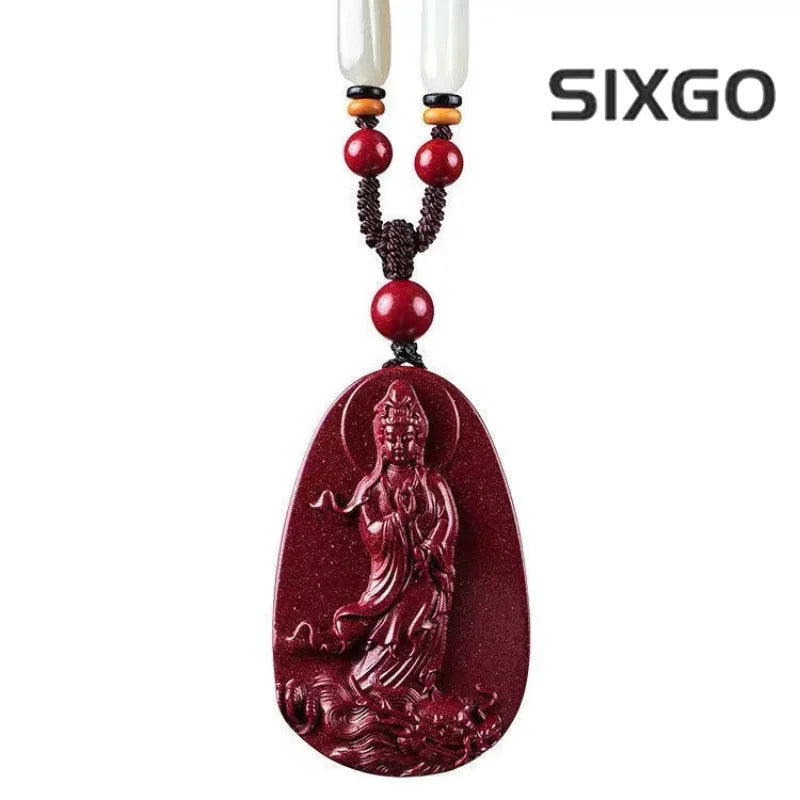 Cinnabar Jade Guanyin Pendant Necklace Jewellery Chinese Healing Sweater Chain