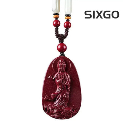 Cinnabar Jade Guanyin Pendant Necklace Jewellery Chinese Healing Sweater Chain