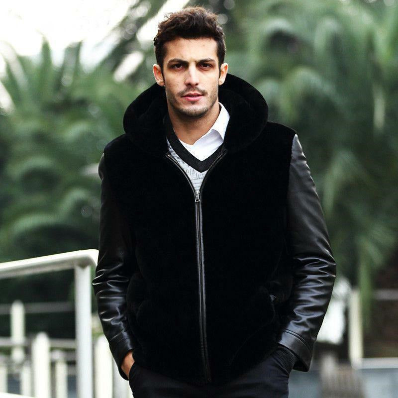 Mens Trendy Faux Mink Fur Leather Joint Warm Coat Hooded Short Casual Parka 2021