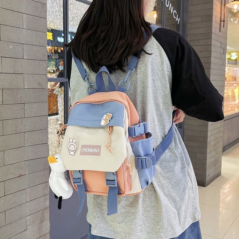 Small Backpack Contrasting Color School Bag Waterproof Nylon Casual Schoolbag