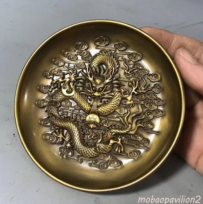 Chinese Bronze Dragon Statue Fortune Collectable Tea Pet Plate Home Decor Art