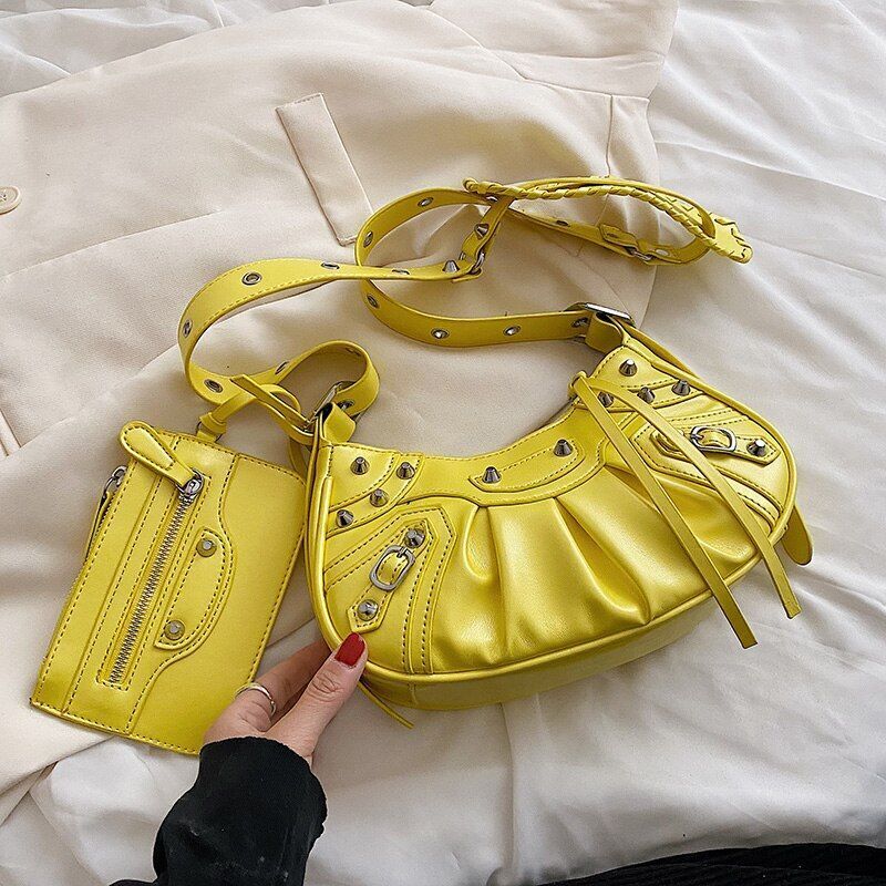Half Moon Shape Leather Armpit Crossbody Bag Punk Style Vintage Handbag 2Pcs/set