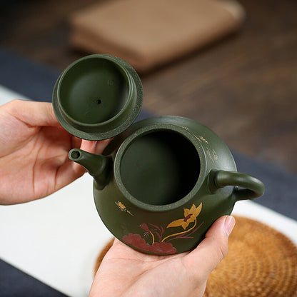 China Yixing Zisha Pottery Green Clay Handmade 200ML Lotus Teapot 荷香玉笠
