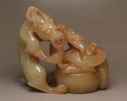 Chinese Antique Natural Hetian Jade Carved Dragon Phoenix 龙凤呈祥 Statue Figurines