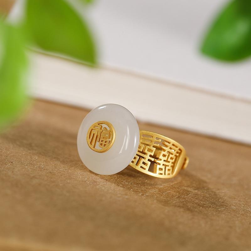 Original Silver Gold Plated Natural Hetian Jade White Jade Classic Ring