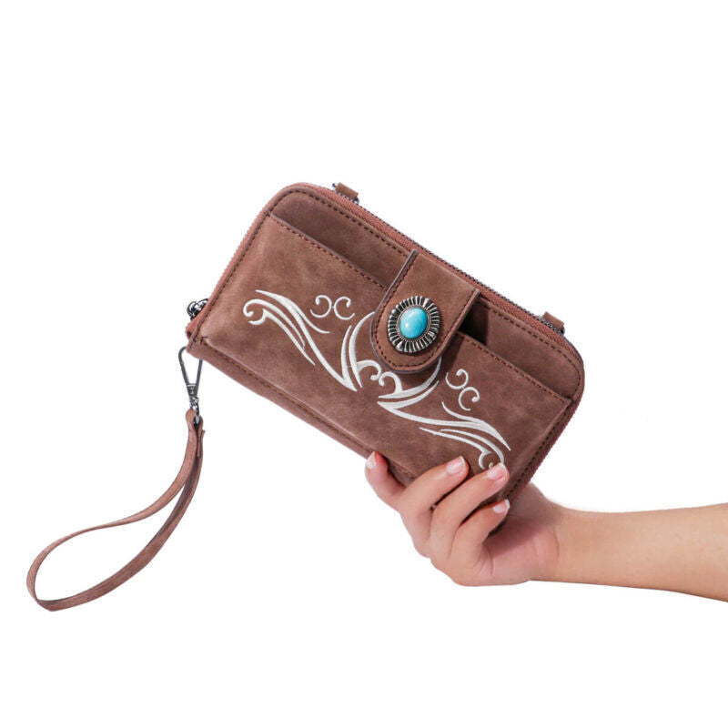 Celela Women Zip Turquoise Embroided Phone Wristlet Wallet Crossbody Bags Purse