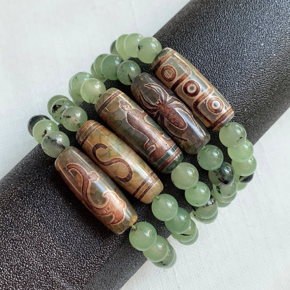 Women Bracelets Tibetan Dzi Agates Fashion Healing Beaded Charms Green Prehnites