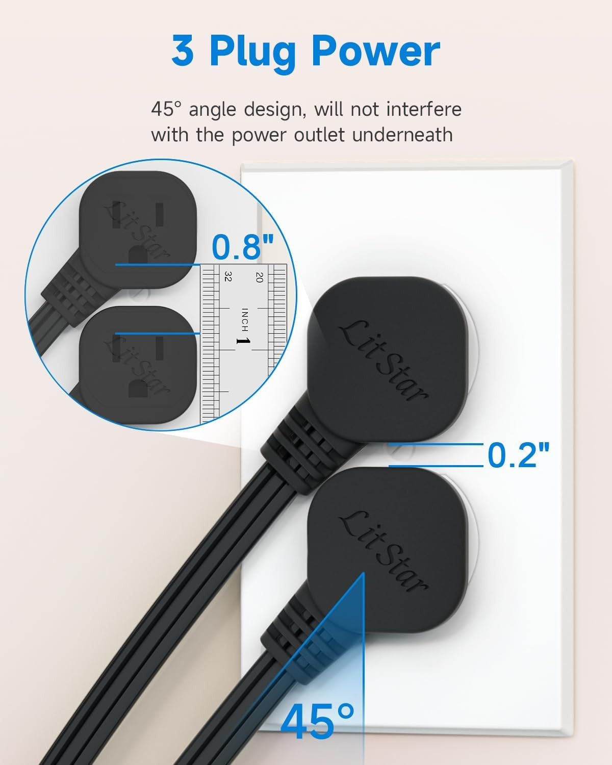 Flat Plug 1Ft Short Extension Cord, 90-Degree Plug Low Profile Power Adapter, 3-