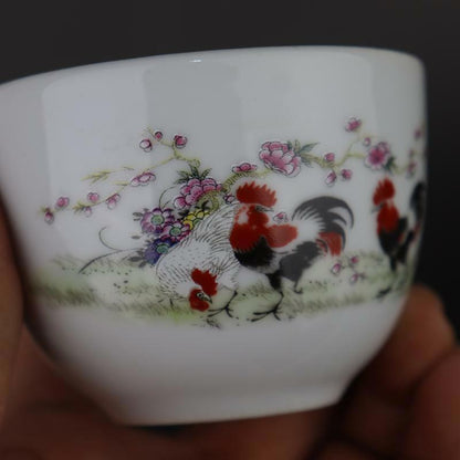 Chinese Famille Rose Porcelain Qing Qianlong Cocks Design Teacup Cup 2.9 inch