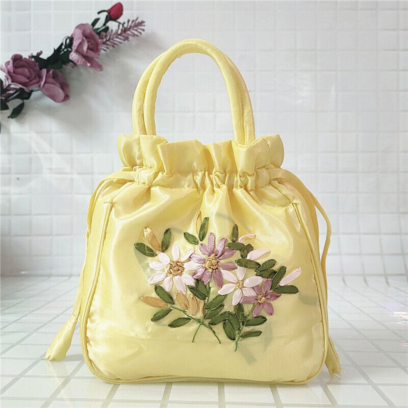 Women Ethnic Embroidered Floral Satin Handbag Girls Drawstring Tote Hanfu Bag