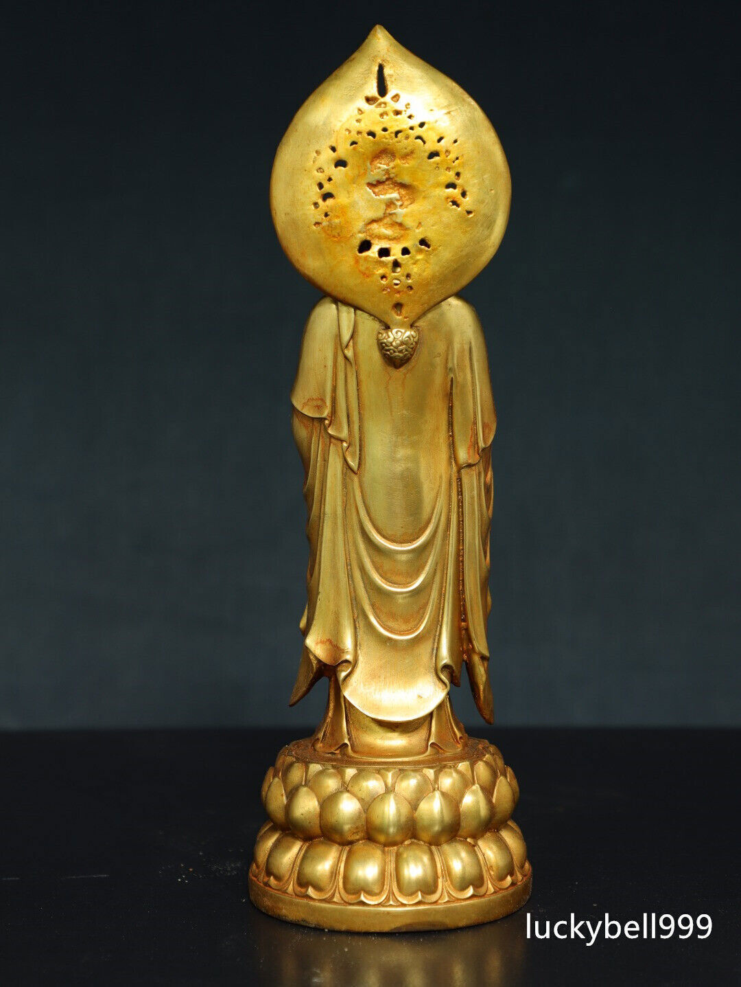 13.8" Old Antique Tibetan Buddhism Temple Bronze 24k Gilt Amitabha Buddha Statue