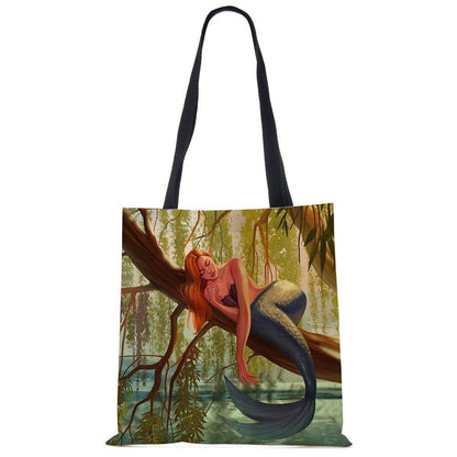 Mermaid Print Shoulder Bag Women Shopping Reusable Bags Large Travel Beach Bags