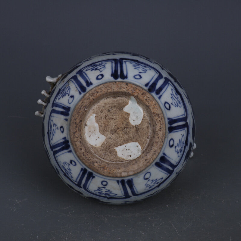 7.1" Chinese Yuan Blue-and-white Porcelain Peony Flower Two Mouth Teapot