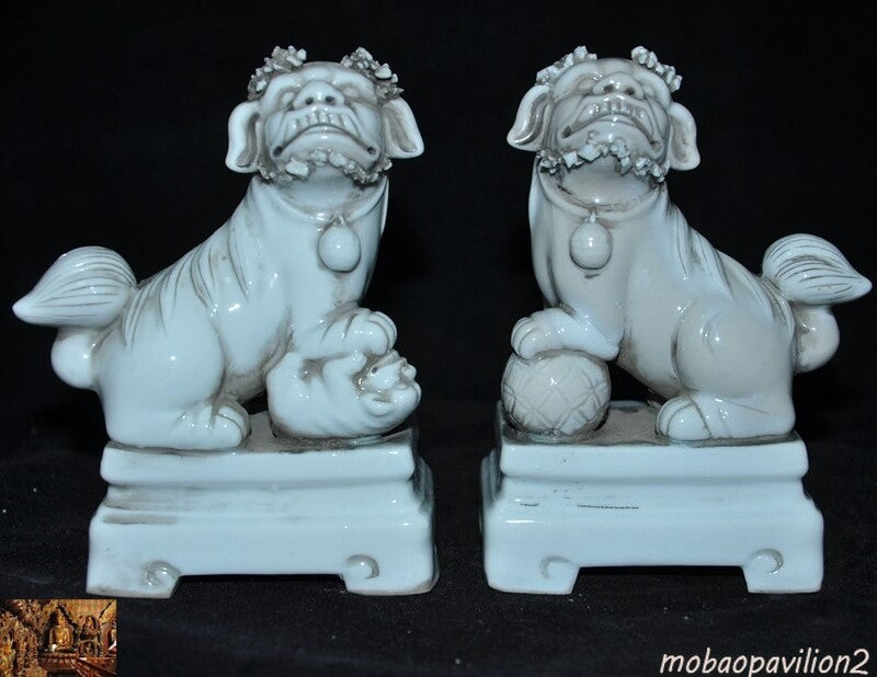 5" China Old Dehua White Porcelain Glaze Fu Foo Dog Lion Beast Statue Pair