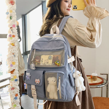 Buckle Badge Backpack Candy Color Fashion Cute Schoolbag Shoulder Bag 32*43*13CM