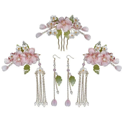Hanfu Hair Accessory Set Fairy Tassel Clip Comb Ear Hook Pink Floral