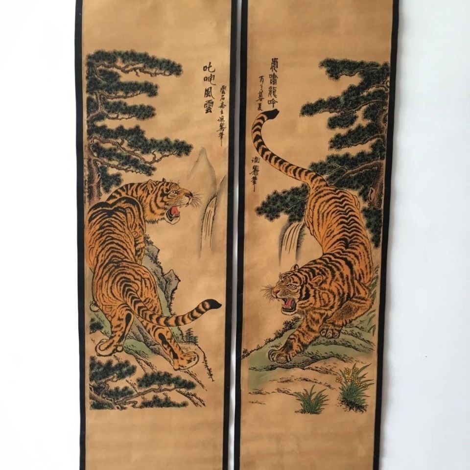 Vintage Chinese Tiger Roaring 4 Scroll Paintings 123cm Wall Art Set
