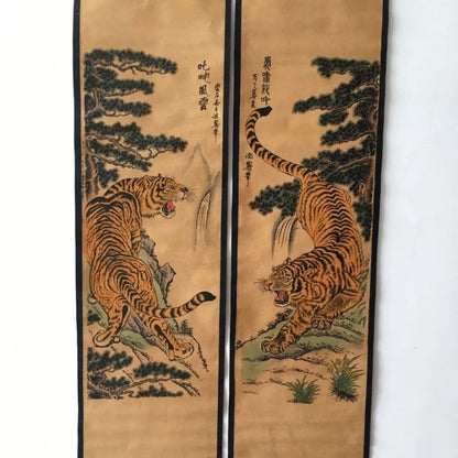 Vintage Chinese Tiger Roaring 4 Scroll Paintings 123cm Wall Art Set