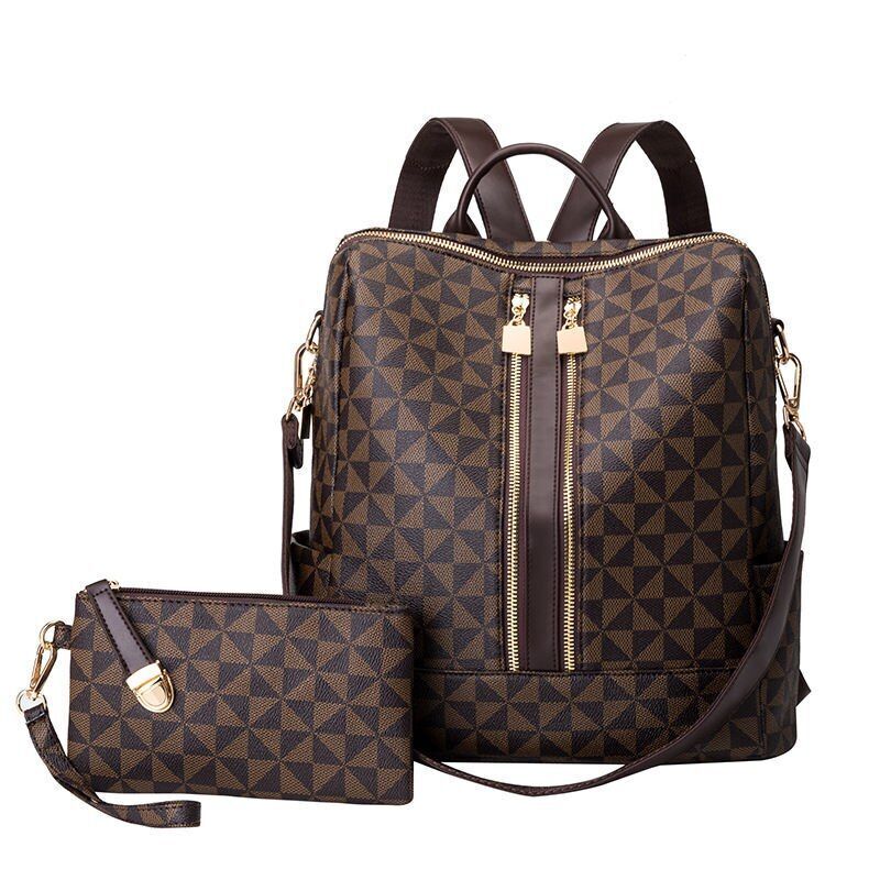 Synthetic Leather Backpacks 2 Pcs Sets Traveling Bags Geometric Print Polyester