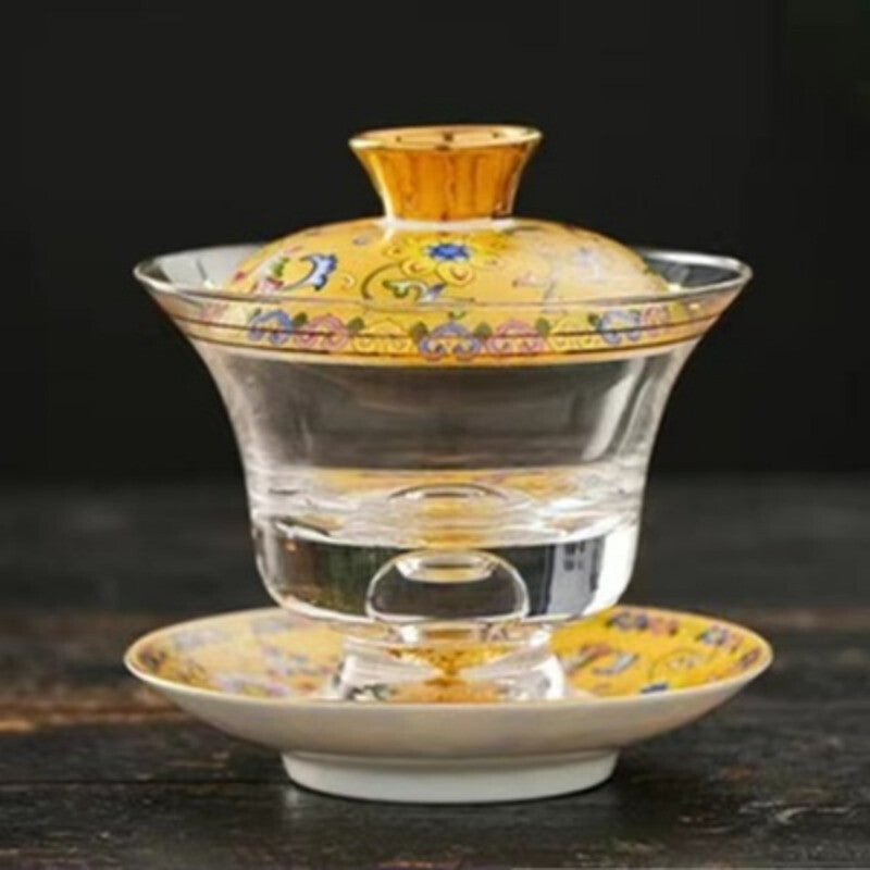 Tea Bowl Thickened Glass Tureen Tea Cover Bowl Lid Sancai Gaiwan Hand Painted