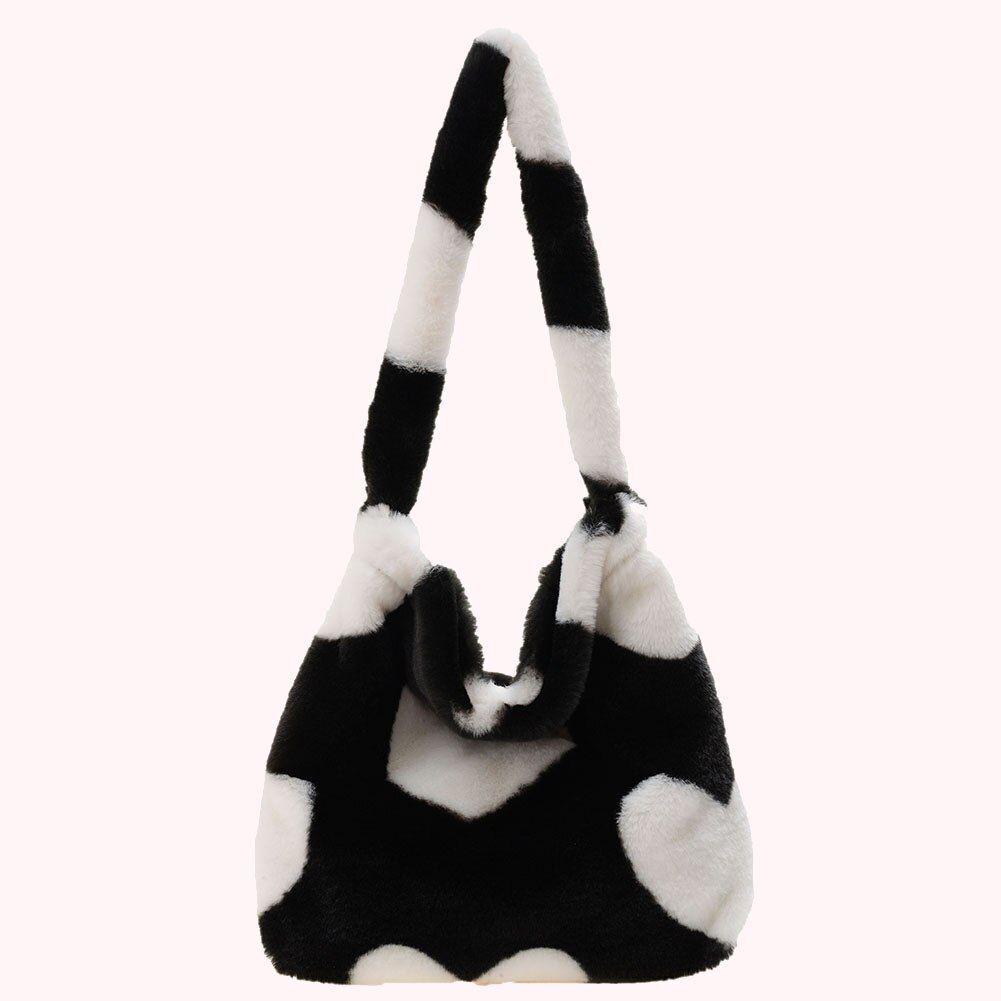 Cow Print Underarm Bag Soft Plush Pink Small Fluffy Shoulder Purse 25*17*7 CM