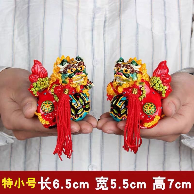 Pair of Colorful Jiao Zhi Pottery Fu Lion Statues 7cm Home Decor