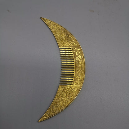 Vintage Brass Dragon Comb Crescent Shape Double Dragon Chinese Hair Tool Prop