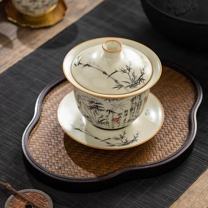 Chinese Ru Yao Porcelain Gaiwan Set Yellow Ceramic Opening Tea Bowls Chawan