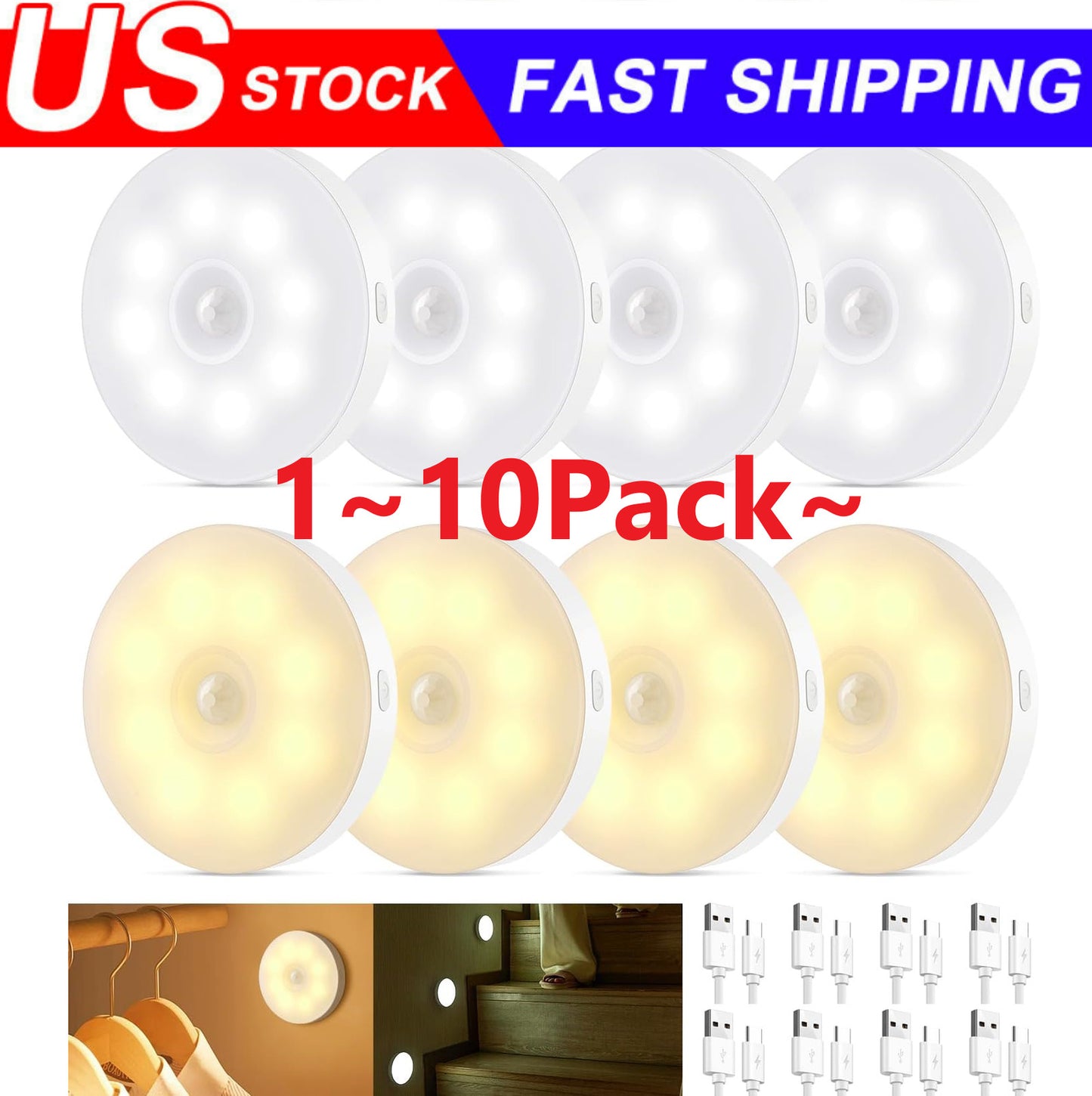 Led Motion Sensor Light USB Rechargeable PIR Wall Cabinet Stair Night Light Lamp