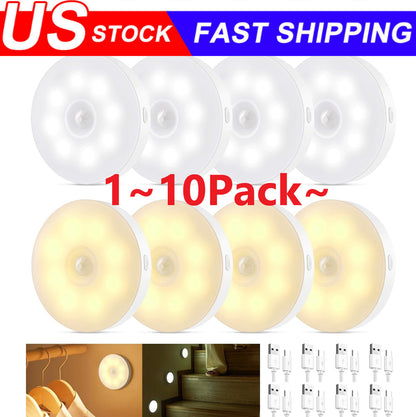 Led Motion Sensor Light USB Rechargeable PIR Wall Cabinet Stair Night Light Lamp