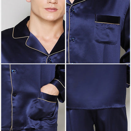 Men's Pajama Sets Mulberry Silk 100% Sleepwear Soft Long Sleeve Shirts Lapel New