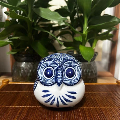 Blue and White Porcelain Owl Figurine (10cm) - Cute Tea Pet Desktop Decor