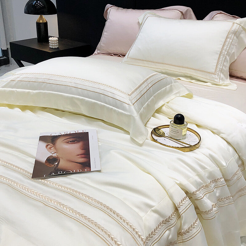 Bedding Set 4pcs Silk Cotton Embroidery Duvet Cover Flat Sheet 2 Pillowcases