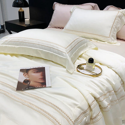 Bedding Set 4pcs Silk Cotton Embroidery Duvet Cover Flat Sheet 2 Pillowcases