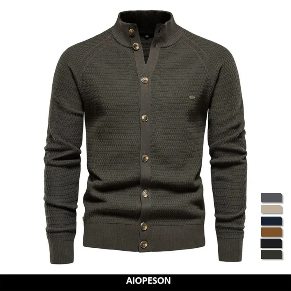 Winter Fashion Mens Cardigan Cotton High Quality Button Mock Neck Men's Sweater