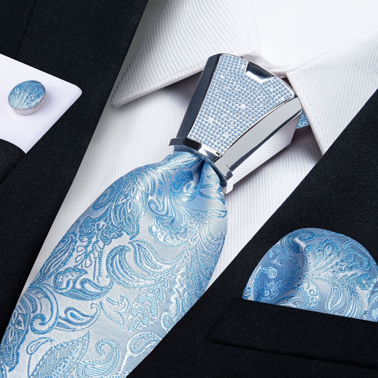 Men Necktie 3Pcs Luxury Striped Ties Cufflinks Pocket Square Wedding Accessories