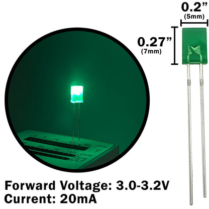 10 Pack Green Rectangular LED, Diffused Lens (5mm x 2mm x 7mm)
