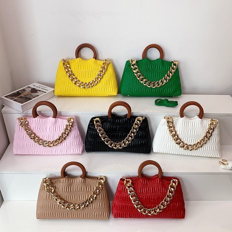 Thick Chain Shell Bag Synthetic Leather Crossbody Purse Wooden Handle 17*33*8 CM
