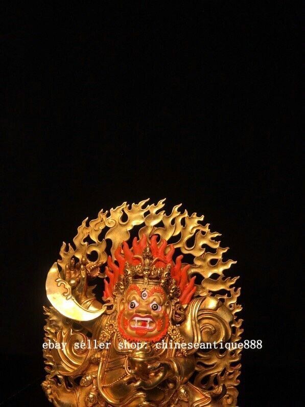 9''Old Nepal Buddhism Copper Gilt Painting Mahakala Wrathful Deity Buddha Statue