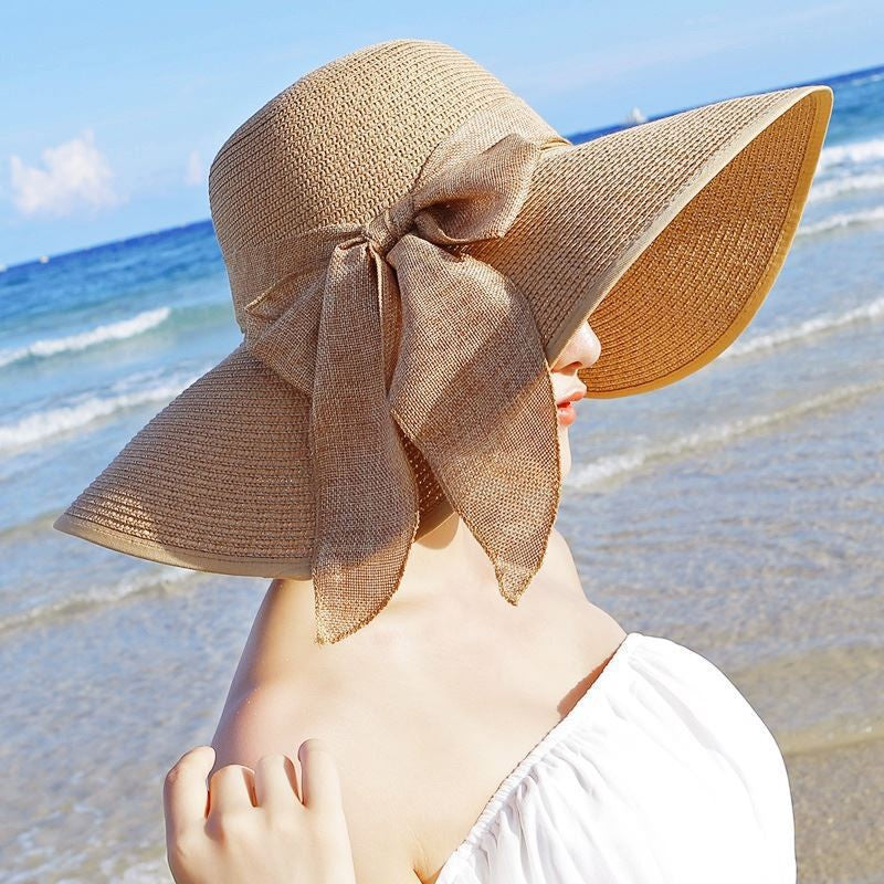 Outdoor Seaside Woman Fashion Big Bow Large Brimmed Cap Foldable Straw Hat