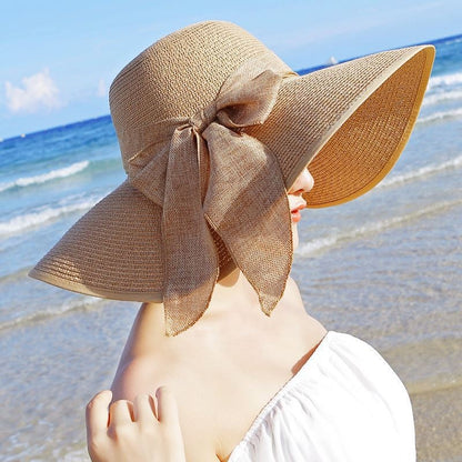 Outdoor Seaside Woman Fashion Big Bow Large Brimmed Cap Foldable Straw Hat