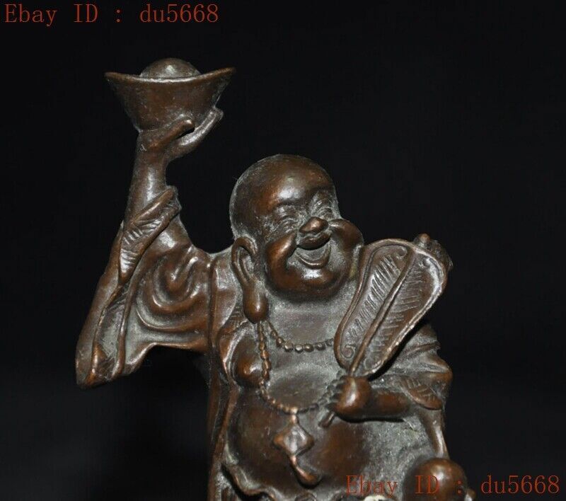 3"Chinese Buddhism Temple Bronze Wealth Gold Toad Yuanbao Maitreya Buddha Statue
