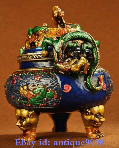 7.8" Old China Cloisonne Enamel Pure Bronze Dragon 3 Legs Incense Burner Censer
