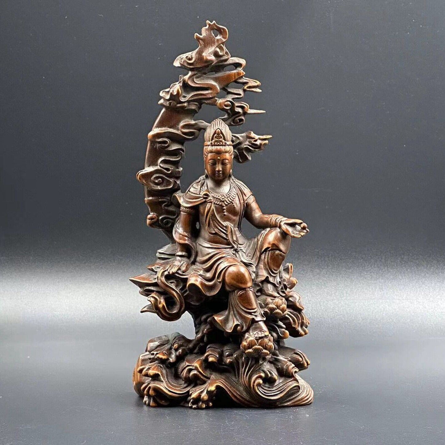 Chinese Boxwood Carving Kwan Yin Statue Woodwork Sculptures Home Decor Artwork